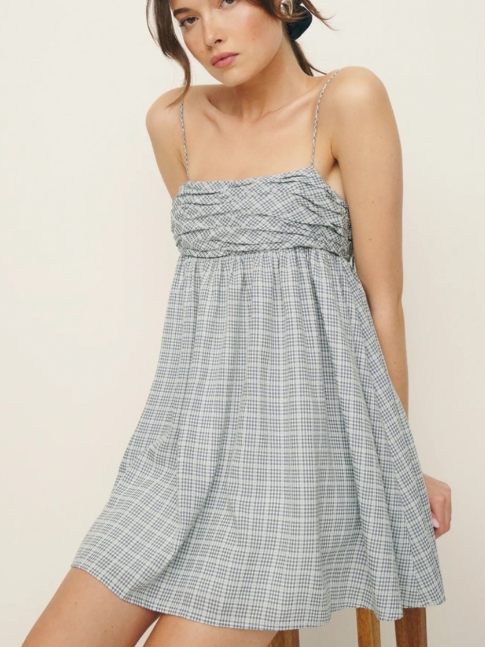 Reformation Catarina Babydoll Empire Waist Sun Dress in Vintage Blue Check